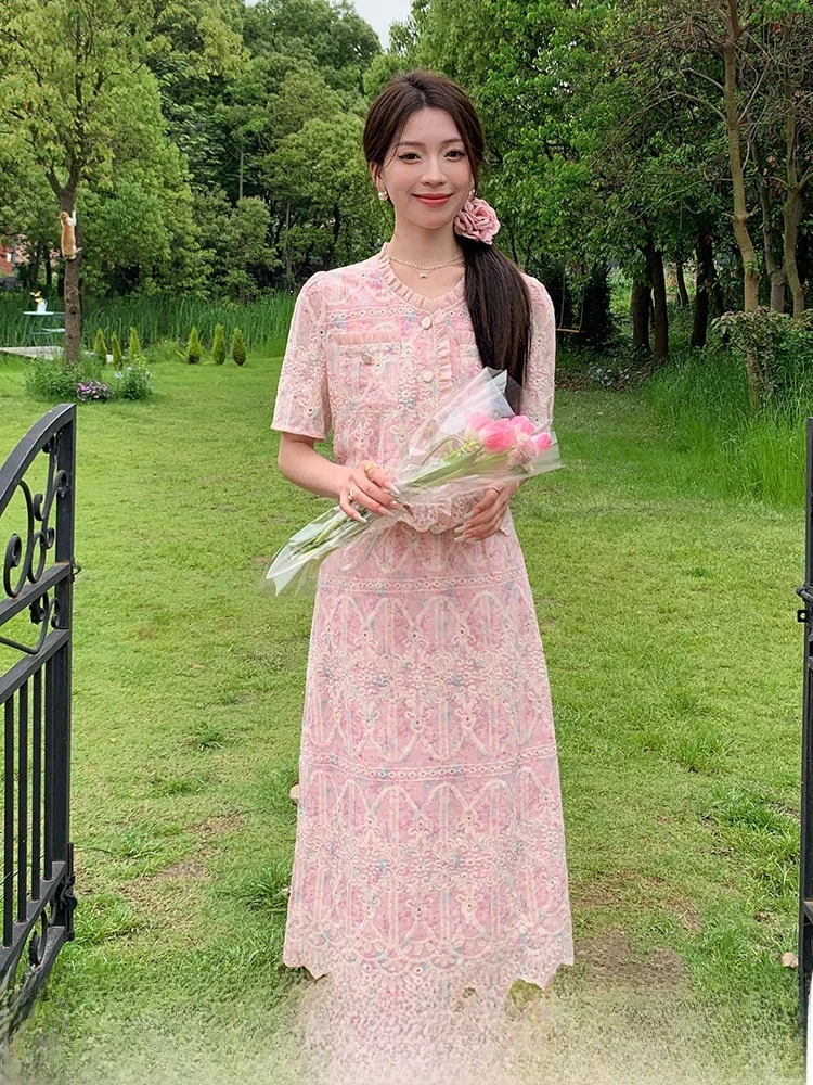

Elegant Heavy-Worked Two-Piece Set Women's plus Size Fashionable Commute High Waist A-Line Skirt Short Sleeve Polyester
