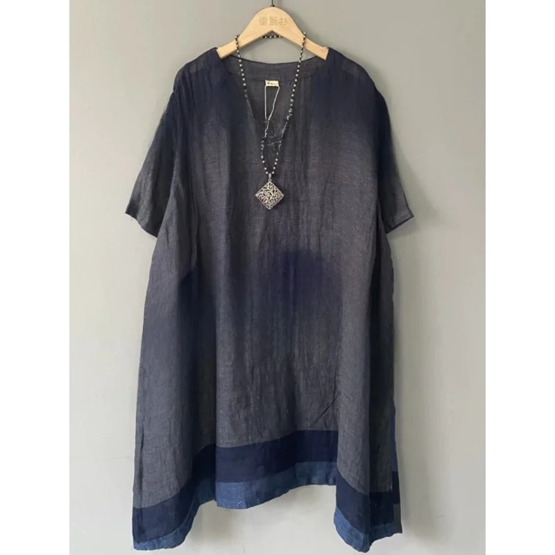 Linen Short Sleeve V-Neck Dress Women Summer Loose Large Size Artistic Stripes Simple Midi Dress Comfortable Casual Style
