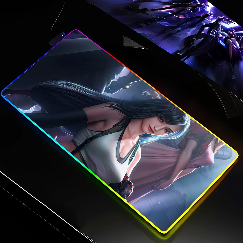 RGB Mouse Pad Game Finals Fantasy Tifa Aerith LED Gaming Mousepads Large Desk Mat PC Gamer Luminous XXL Mice Mats With Backlight