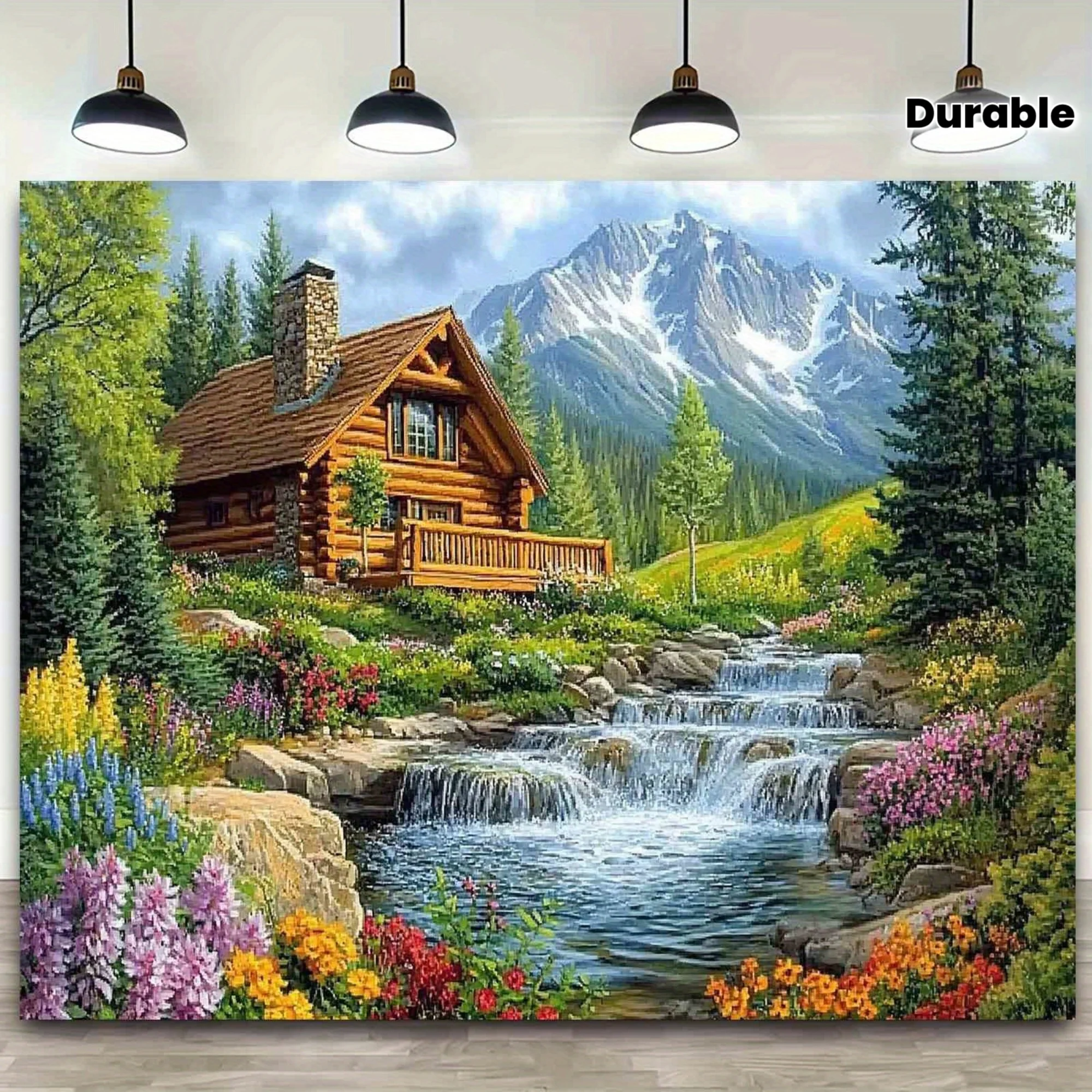 1 Stück Log Cabin Mountain Waterfall Polyester-Hintergrundstoff – Rock Stream, Pine Tree, Wildflower Design – Heimdekoration