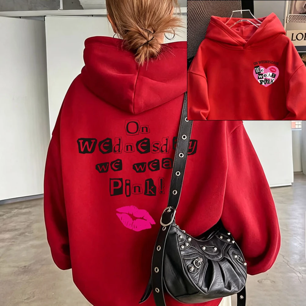 On Wednesday We Wear Hoodie Pink Lips Heart Graphic Front Back Print Pullover Casual Women Fashion Aesthetic Trendy Letter Tops