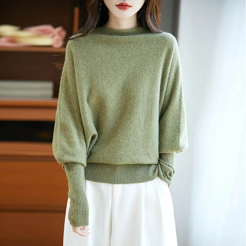 

Women's New Fashionable Pullover 100% Merino Wool One Neck Loose knit with Batwing Sleeves Skin Friendly Comfortable Top