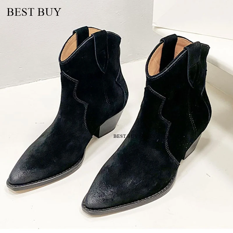 big Size 34-43 Women Western Cowboy Boots Suede Genuine Leather Thick Heels Winter Shoes For Women Cowgirl Heel Short Boots