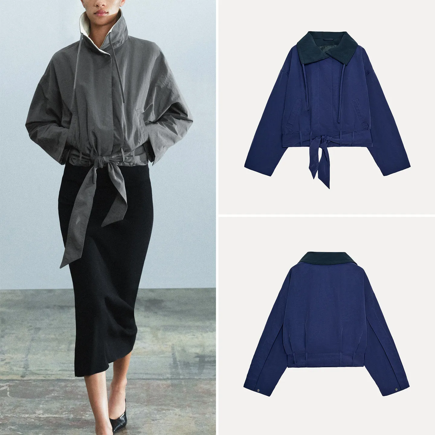 Fashionable Long Sleeve Collared Women's Jacket with Belt Color Block Design Autumn Collection 2026 Standard Fit Short Coat