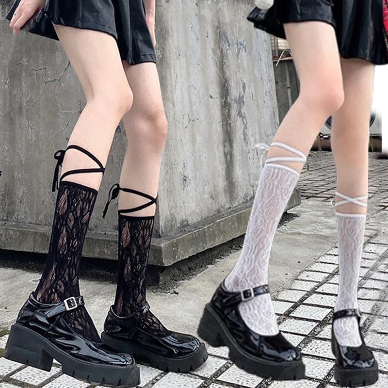 Street Split Toe Socks Strappy Lace Fishnet Stockings Cool JK Girl Knee Socks Japanese Lolita Jk Long Knee High Socks Lolita