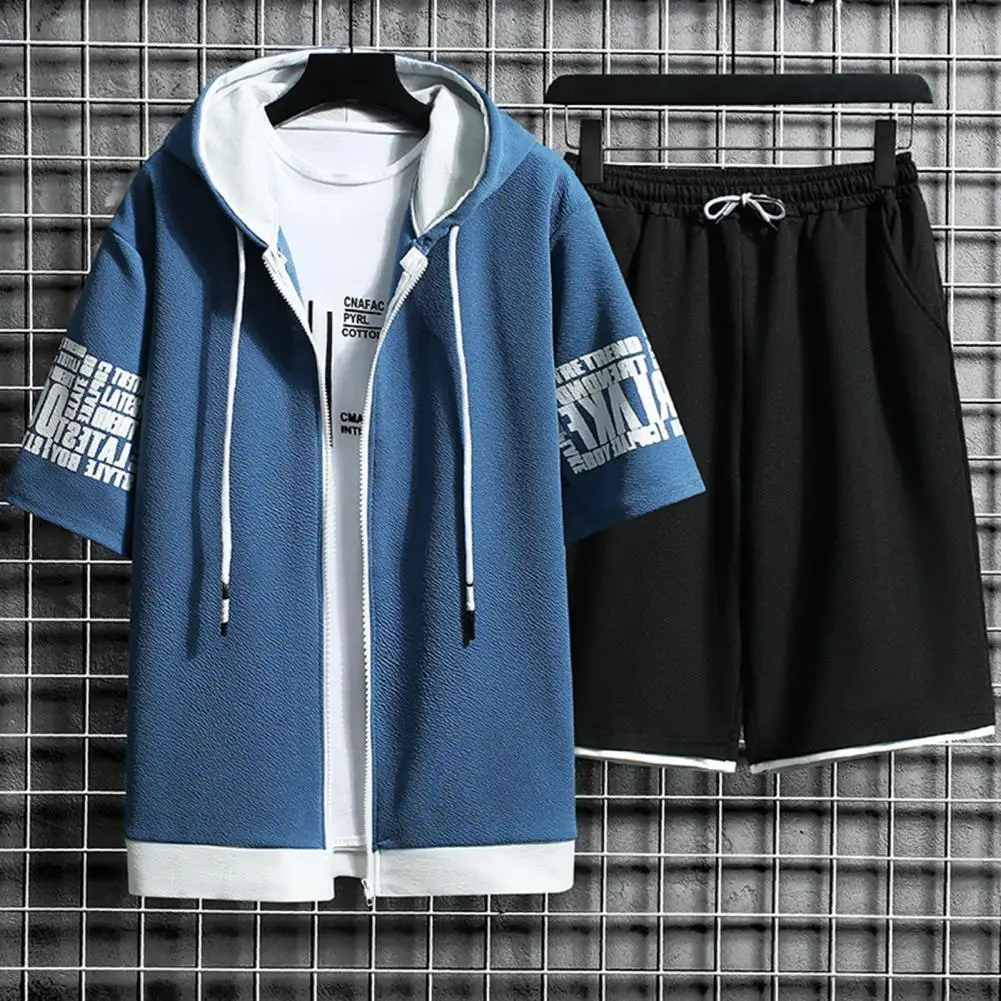 1 Set Cool Two Pieces Set Male Men Sportswear Set Loose Hooded Top Pockets Shorts  Drawstring