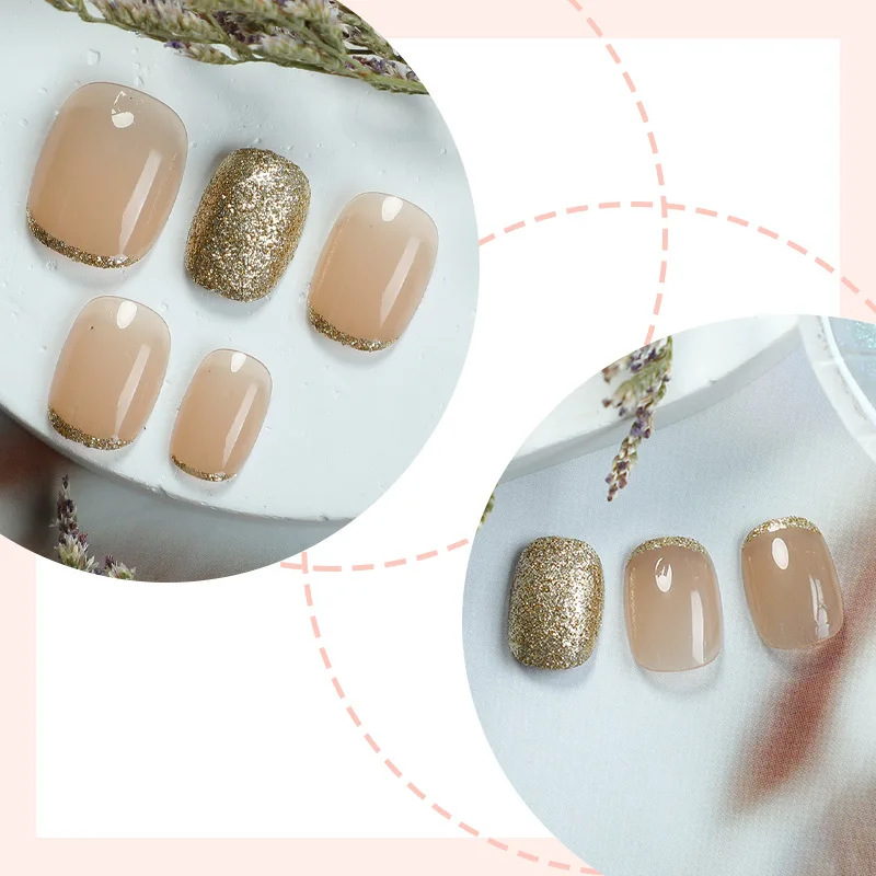 24pcs Summer French Gold Sparkling Powder Press on Nails Square Manicure Wearable Nail for Women and Girls False Nail