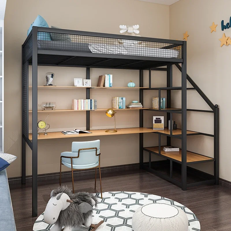 Upper and Lower Empty Single Apartment Iron Bunk Bed Multi-Functional Elevated Bed Wardrobe Small Apartment