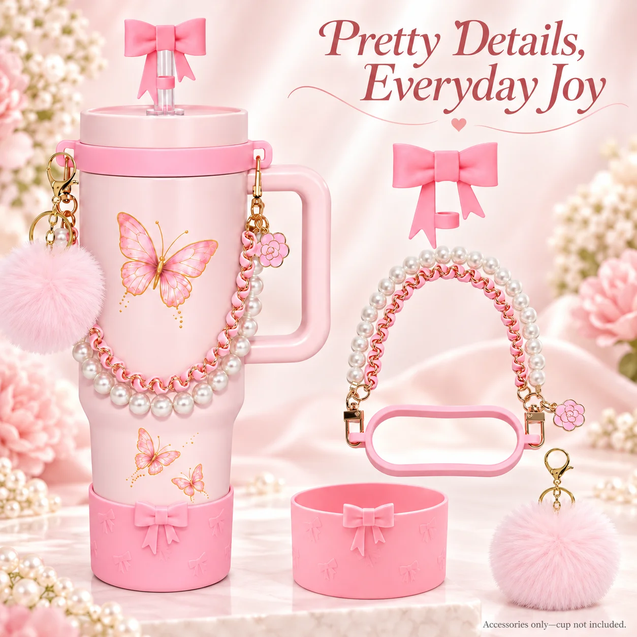 5pcs Accessories for Stanley 40oz Tumbler: Bow Straw Cap, Beaded Chain Handle, Cup Ring, Bow Silicone Boot, Pompom, No Cup