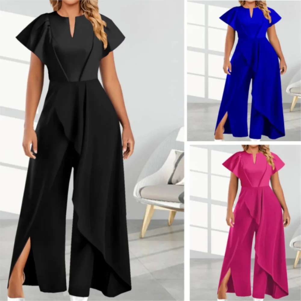 2025 sommer Neue Elegante Schlitz Unregelmäßigen Breite Bein Overalls Frauen Temperament Pendler Retro Strampler Damen Skew Kragen Overall