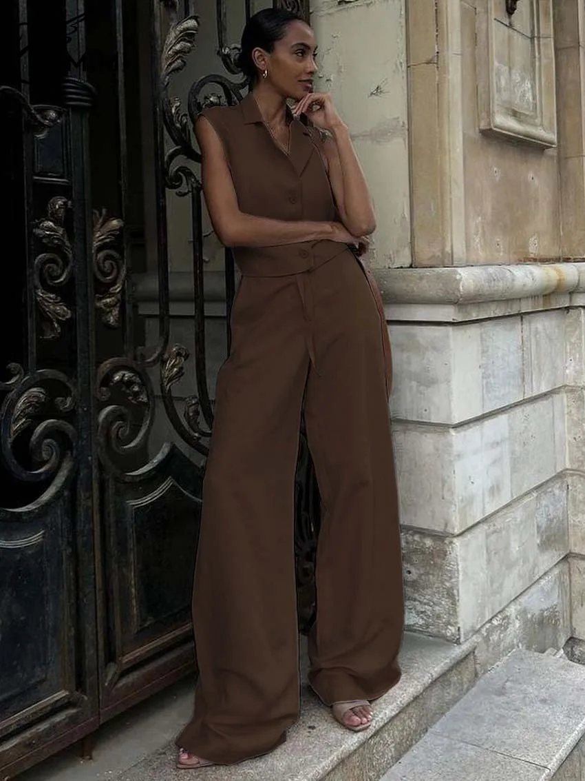 Oymimi Casual Brown Cotton 2 Piece Sets Women Outfit Elegant Sleeveless Button Tank Tops And Drawstring Full Length Pants Sets