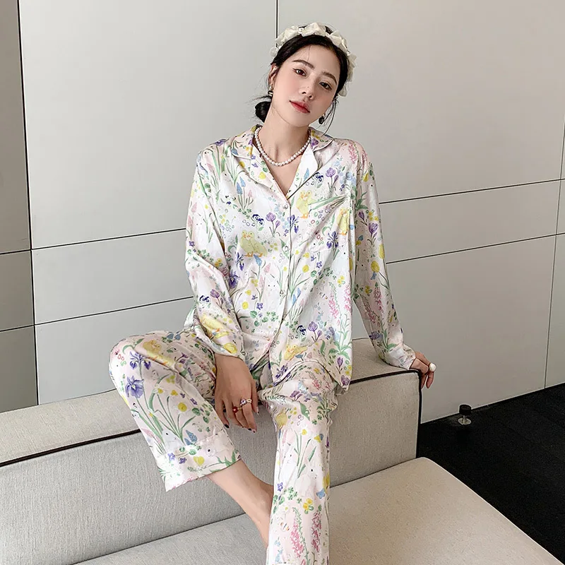 

Sexy Ice Silk Color Floral Printed Satin 2Pcs Pajama Summer Women Long Sleeve Shirt Pants Two-Piece Homewear Nightwear