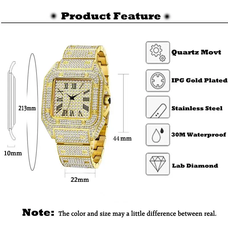 MISSFOX Square Watch For Mens Hip Hop Full Diamond Gold AAA Quartz watches Fashion Iced Out Bling WristWatch Man Free Shipping