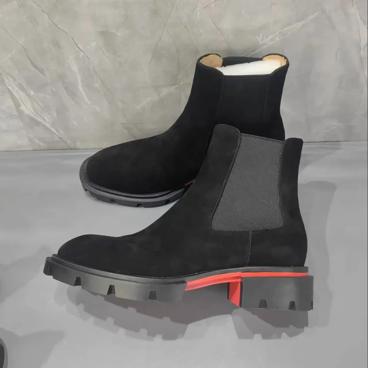 Black Genuine Flannel Leather Short Boots For Men Round Toe Slip On Red Sole Boats Male Chunky Low Heels Thick Sole Shoes Mature