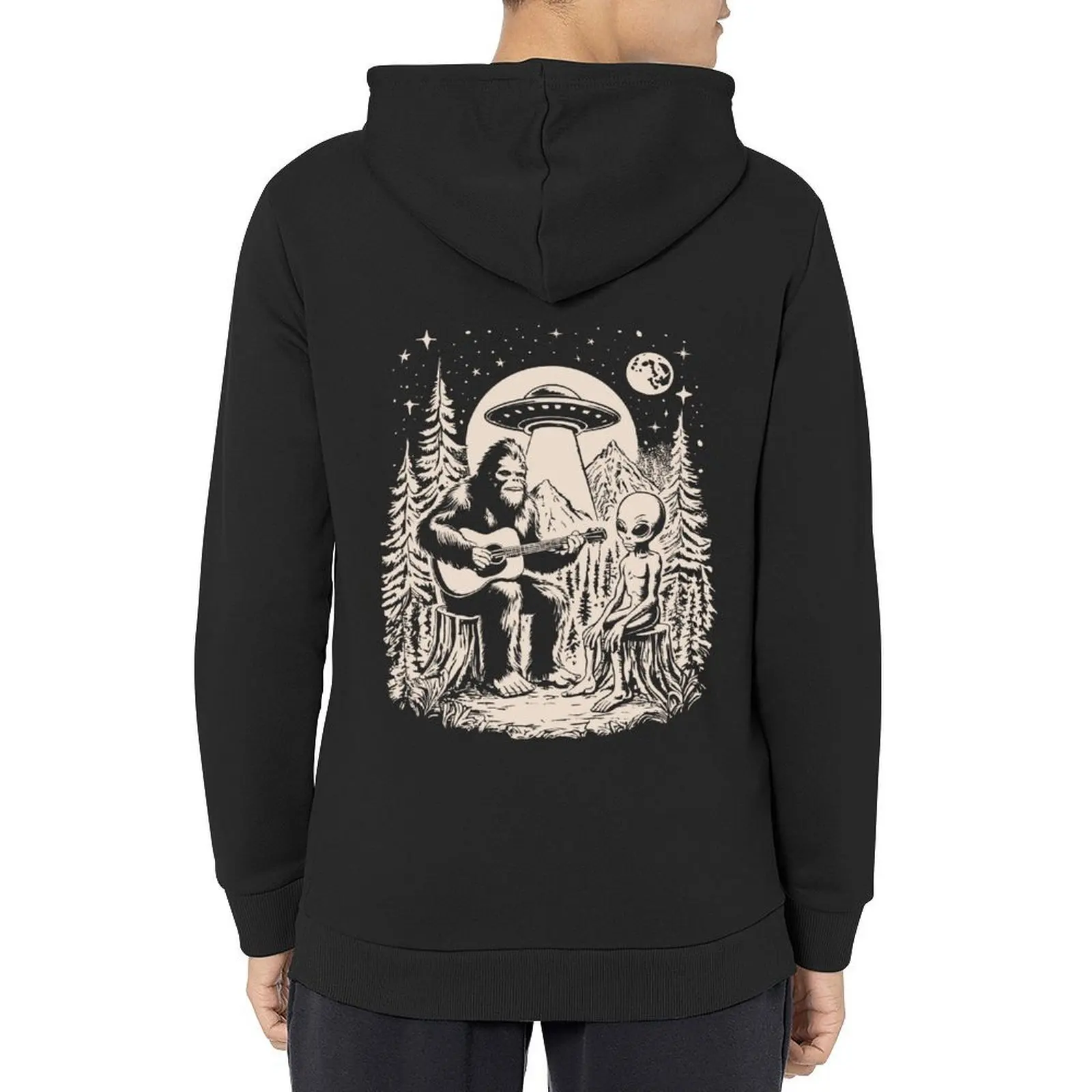 

Bigfoot Playing Guitar With Alien UFO Vintage Camping Hoodie hooded shirt graphic t shirts men mens clothes new in hoodies