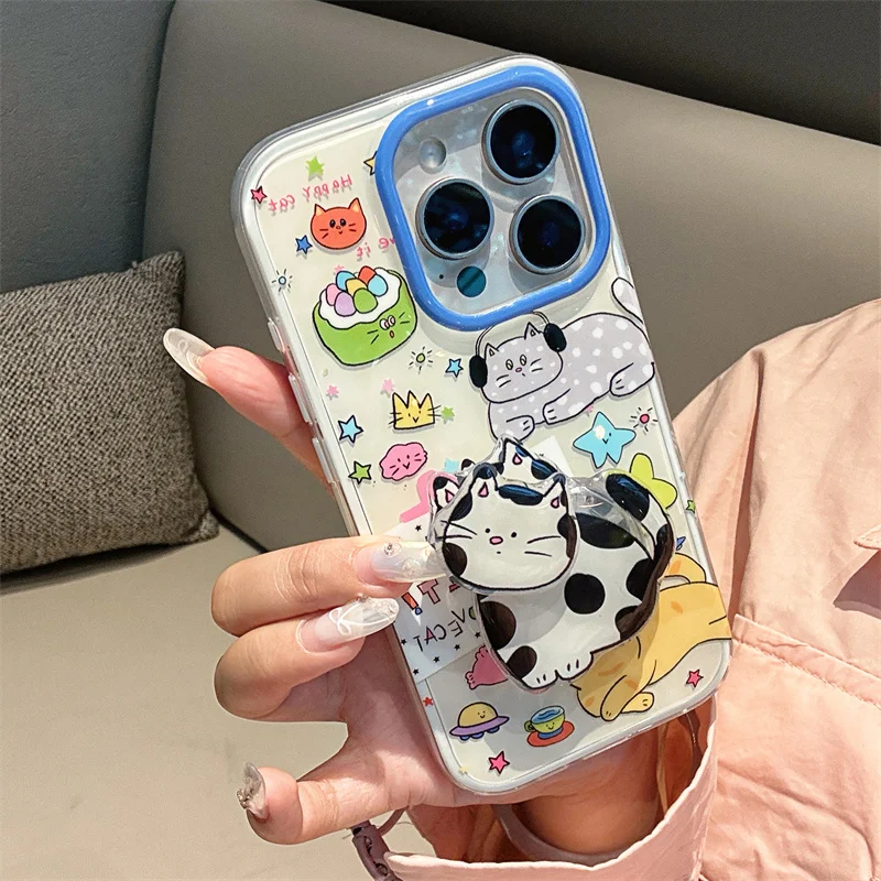 

Korean Cute Cartoon Cat Stand Phone Case For iPhone 16 Pro 14 15 Pro Max Protective Cover Shockproof Cases 15 ProMax 16Pro Funda