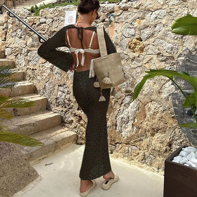 Women\'s Sexy Swimwear Cover Up Beach Crochet Covers Bikini Coverups Vacation Outfits with Mesh Sheer Maxi Dress For Beach Mujer