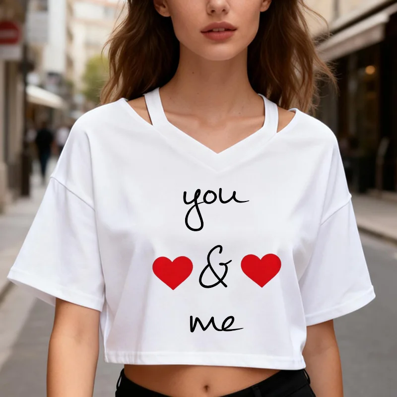 90er Jahre Sexy V-Ausschnitt Crop Tops Damenkleidung Grafik Y2K T-Shirt für Frauen mit Buchstaben-Herz-Print Lässiges Sport-Crop-Top