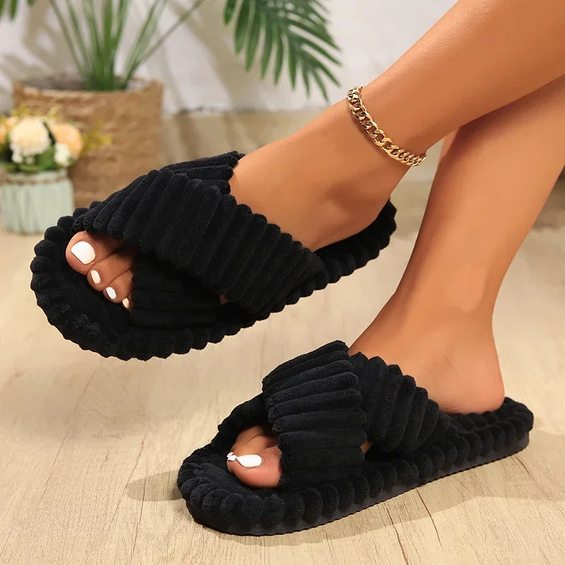 Corduroy Cross Band Home Slippers Women Autumn Winter Warm Plush Slides Woman Indoor Bedroom Soft Sole Cotton Slippers 2025