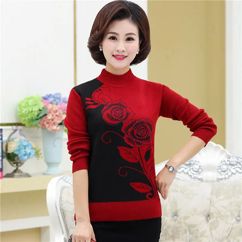 

Warm Winter Clothes Woman Vintage Print Middle Aged Mother Knitwear Long Sleeve Tops Spring Autumn Pullover Women's Sweater