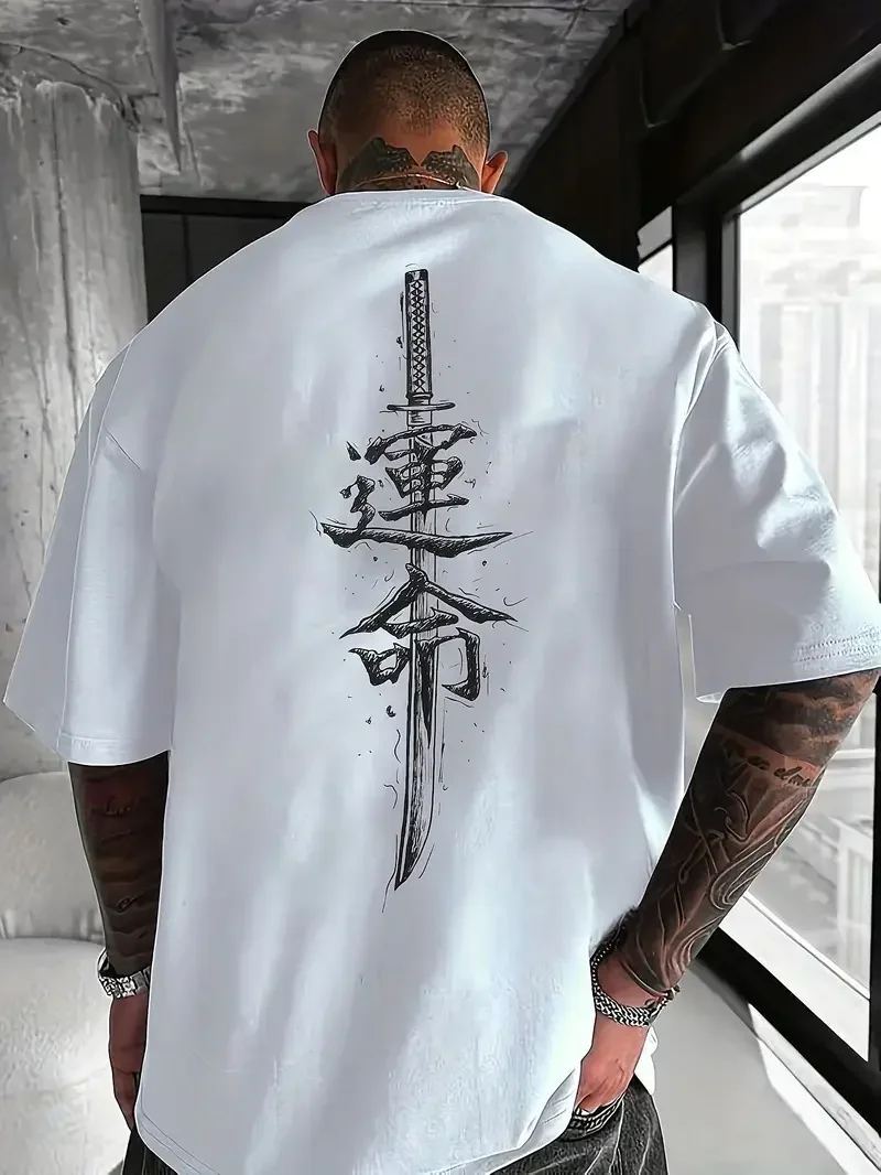 

Men's short-sleeved T-shirt 100% pure cotton Japanese samurai sword print fashionable short-sleeved modern top