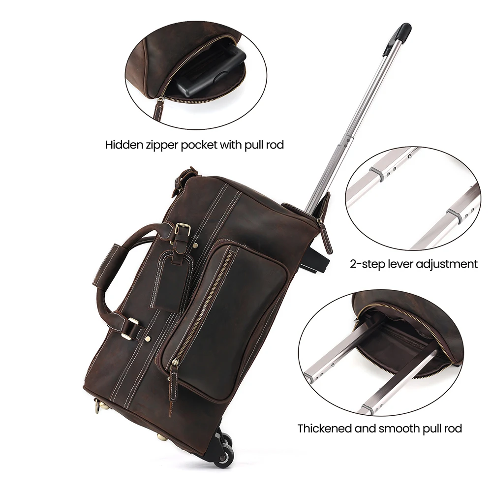 JOYIR Genuine Cowhide Leather Trolley Travel Duffel Bag Men Retro Luxury Luggage With Shoulder Strap Wheels for Business