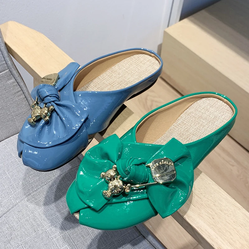 Women Slippers Gold Chain Bear Half Slippers Female Flats Sandals Brand Mullers Plus Size Summer Women Shoes Fashion Bow Slipper