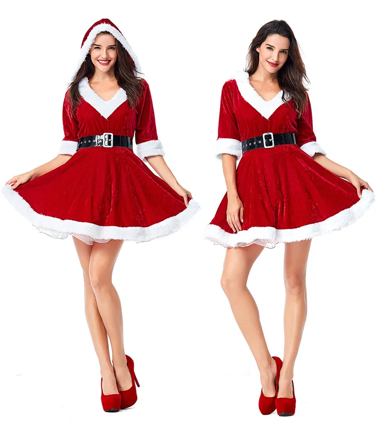 Christmas Cosplay Costume Half Sleeve Solid Princess Dress Ladies Santa Claus Xmas Theme Waistbelt Performance Outfits
