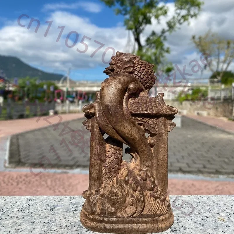 Hand-Carved Agarwood Carp Leaping Over Dragon Gate Sculpture - 5.5/7.9/10.6