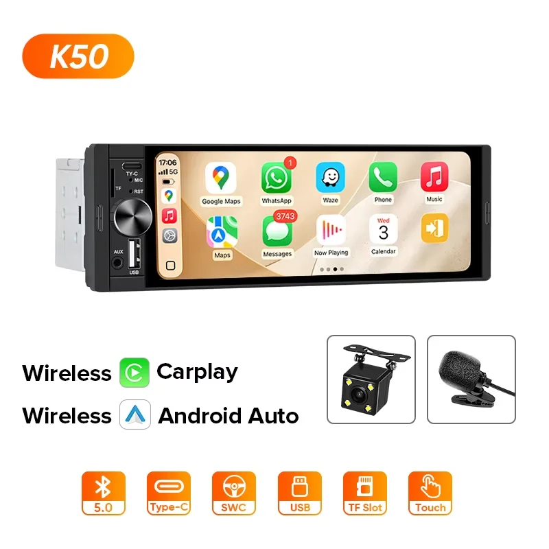 AINAVI 1 Din 6.36" HD touchscreen autoradio MP5-speler met bedrade Carplay/Android Auto Bluetooth FM-radio-ontvanger USB TF AUX-IN