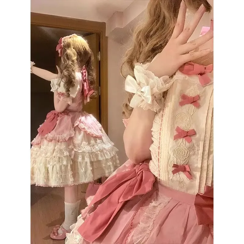 原宿系ドーパミンロリータプリンセスパフスリーブボウコスコミックショーキュートY2Kケーキドレス