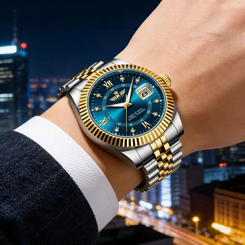Men Quartz Watch Roman Numeral Diamond Embellished Male Business Wristwatch Calendar Steel Band Luminous Waterproof Watches
