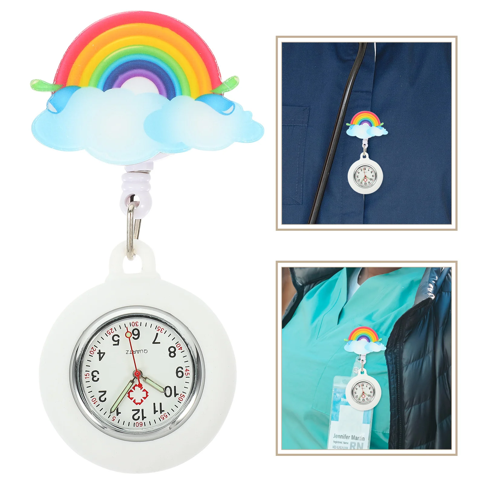 ساعة ممرضة ناعمة قابلة للسحب بتصميم قوس قزح وساعة شارة محمولة للنساء بمشبك كوارتز على ساعة عصرية خفيفة الوزن #4