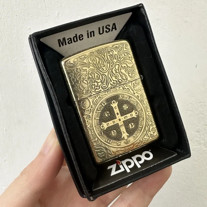 Zippo lighter Antique Golden Brass Constantine Priest Carving Windproof Collection in box