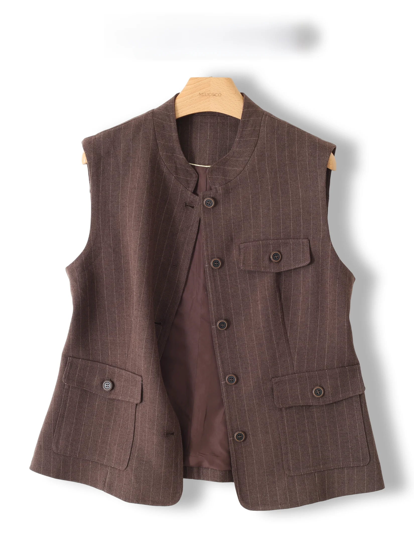 Retro Striped Vest Women's Single Button Multi-Pocket Old Money Style Short Outerwear Jacket Casual Slim Fit Shirt Collar