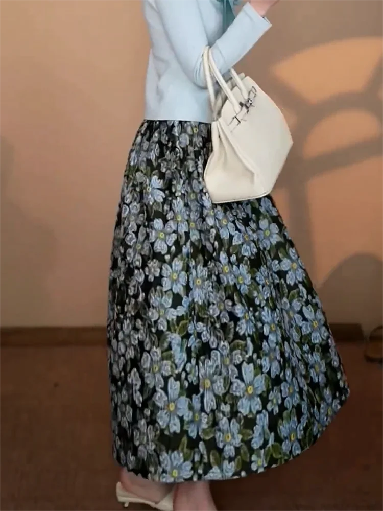 

Европейская винтажная юбка-солнце с цветочным принтом, свободного кроя, весна 2025, новая модель, для полных женщин