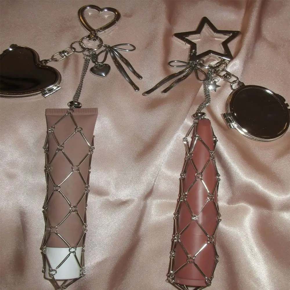 Stainless Steel Metal Net Pocket Lipstick Bag Keychain Charm Bag Accessories Interchangeable Lip Balm Keychain Silver Color Y2K