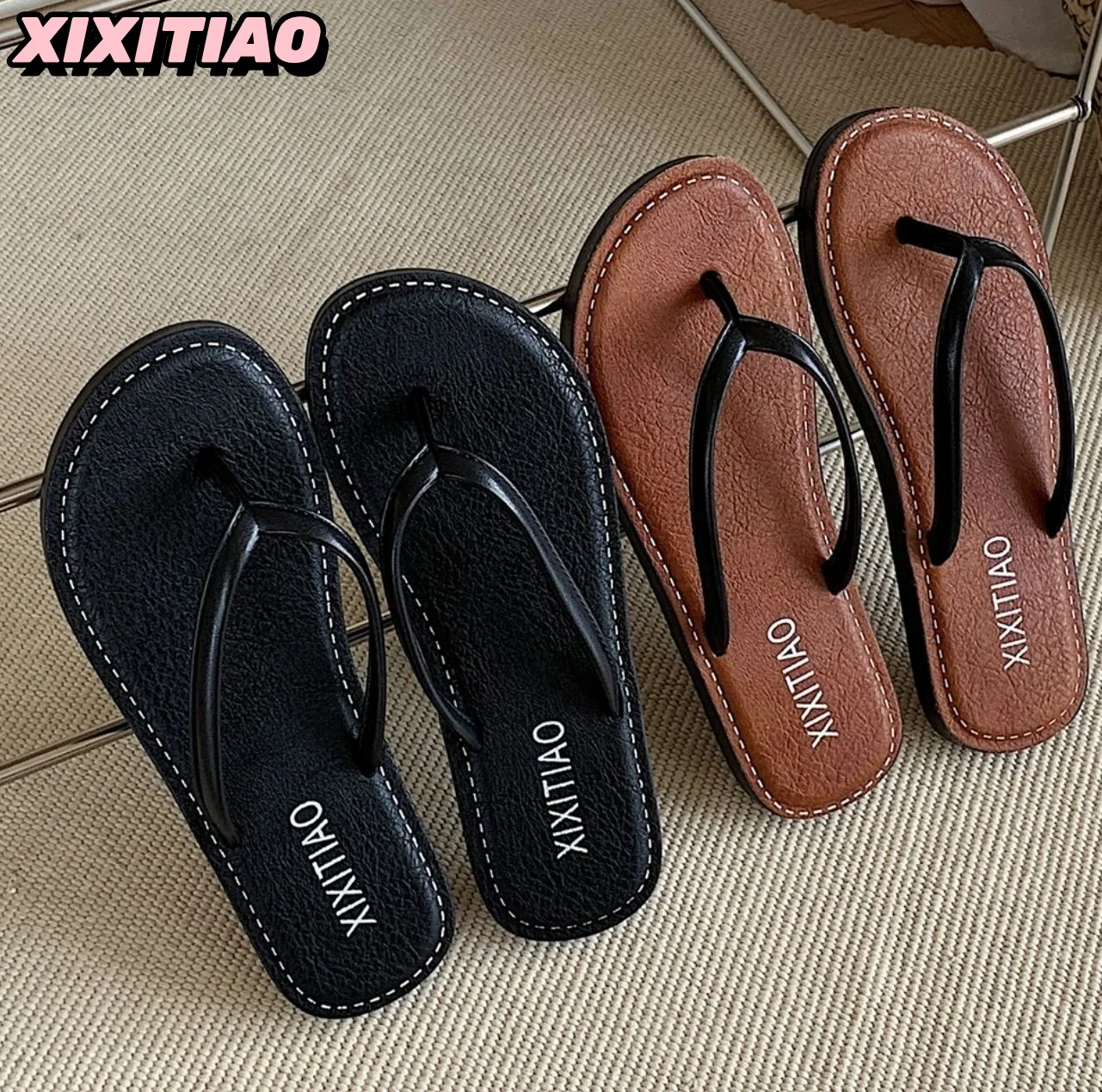 

XIXITIAO Korean Style Minimalist Retro Flip Flops for Women, Summer Beach Vacation Sandals, Flat Thong Slippers, Instagrammable