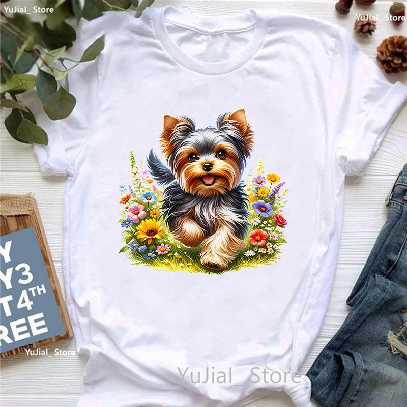 

Yorkshire Terrier Animal Printed Tshirt Girls Flowers Funny T Shirt Women Harajuku Kawaii Clothes Summer Fashion T-Shirt Female