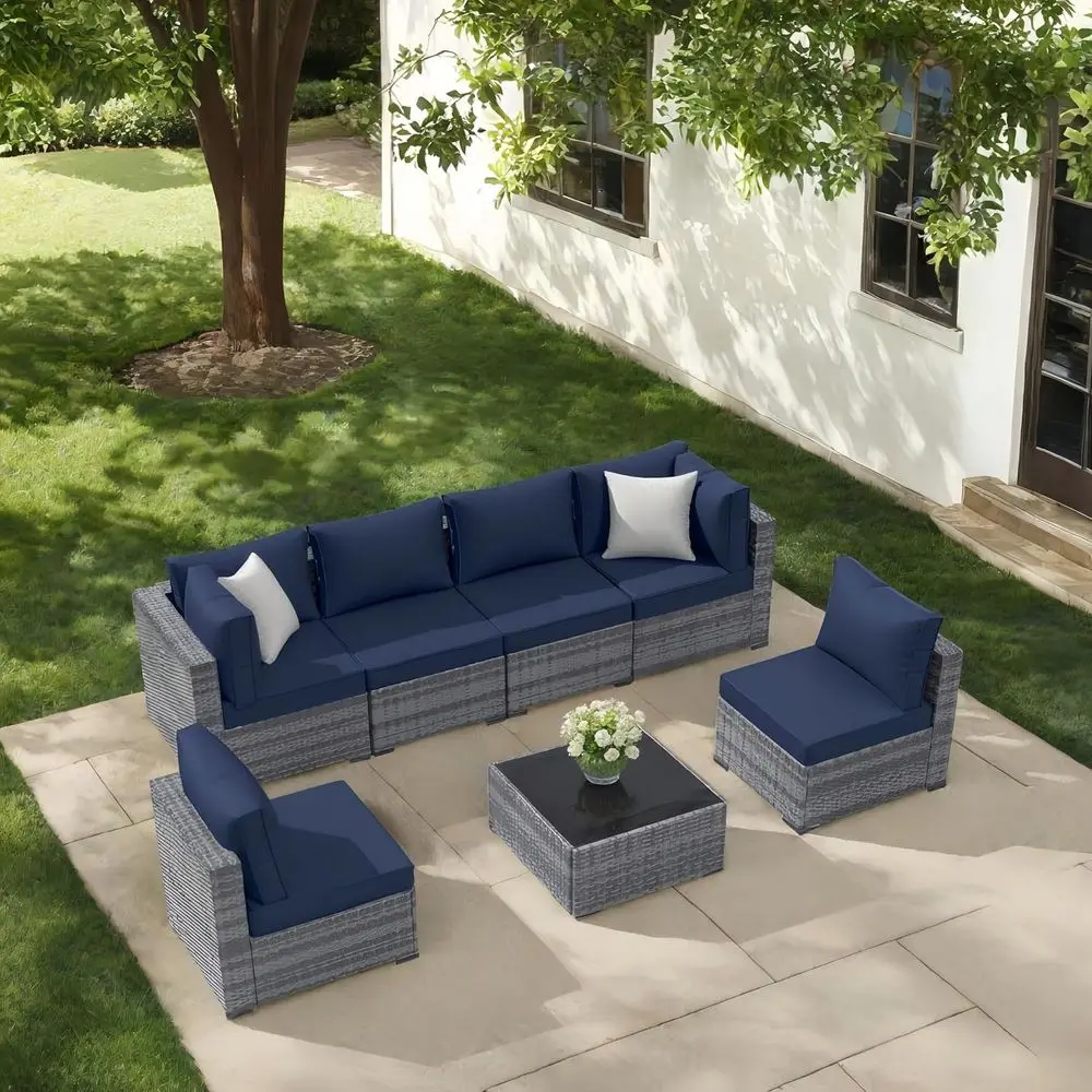 

7-Piece Outdoor Sectional Sofa Set, Navy Blue Cushions, Ideal for Patio, Villa, Balcony, Porch, Backyard, Gray Rattan
