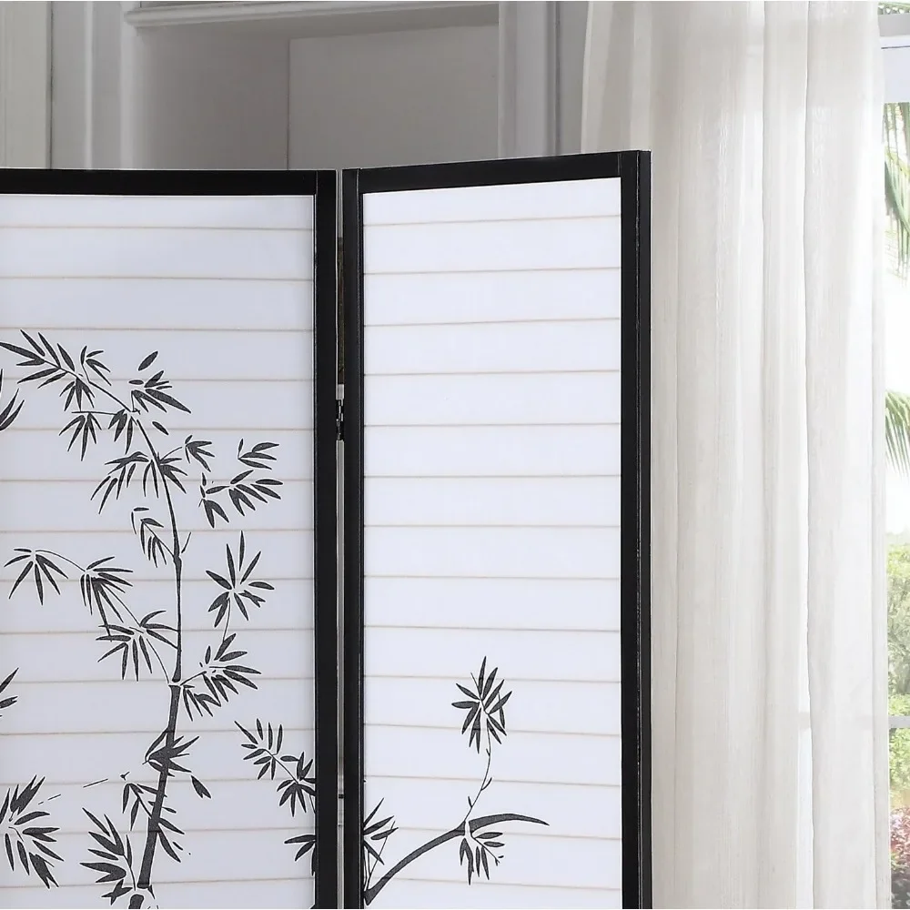 Print 4-Panel Framed Room Screen/Divider, white, for Creating Privacy in Small Spaces, Frame Made of Wood in Black Finish