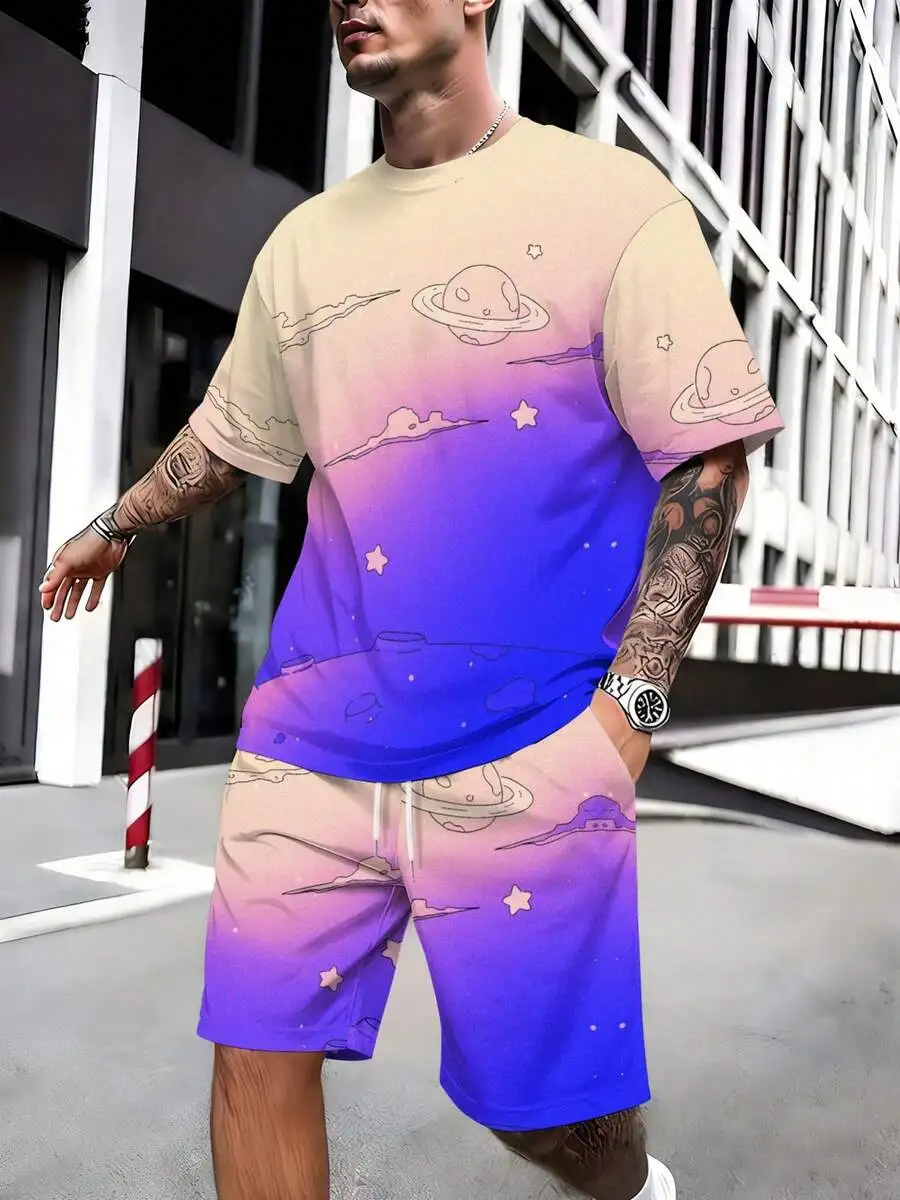 

Mens Space Planet Print Gradient Short Sleeve Set Pink Purple Casual Sportswear