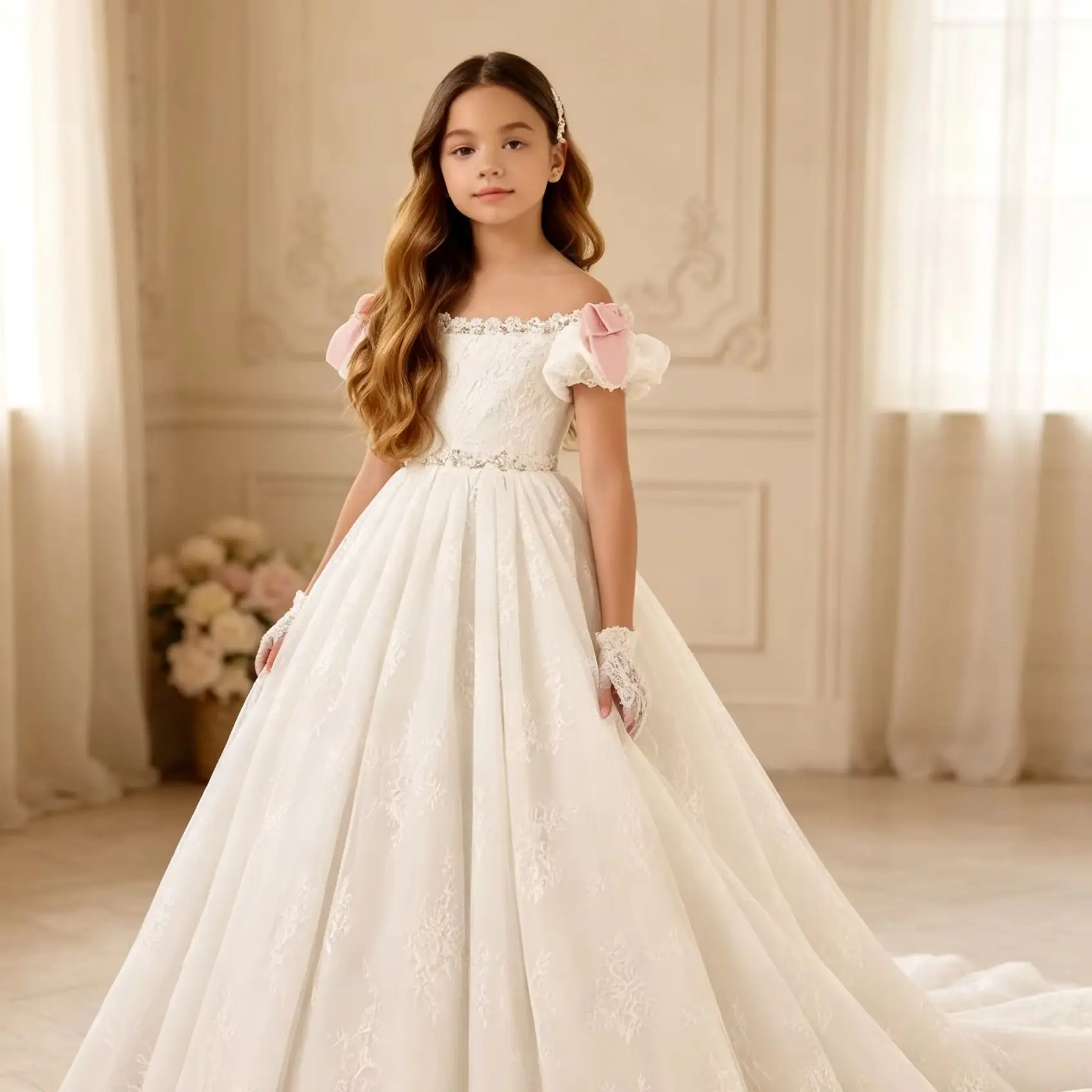 Princess Flower Girl Dresses for Wedding Off Shoulder Floor Lenght Kids Birthday Party First Communion Ball Gown Custom