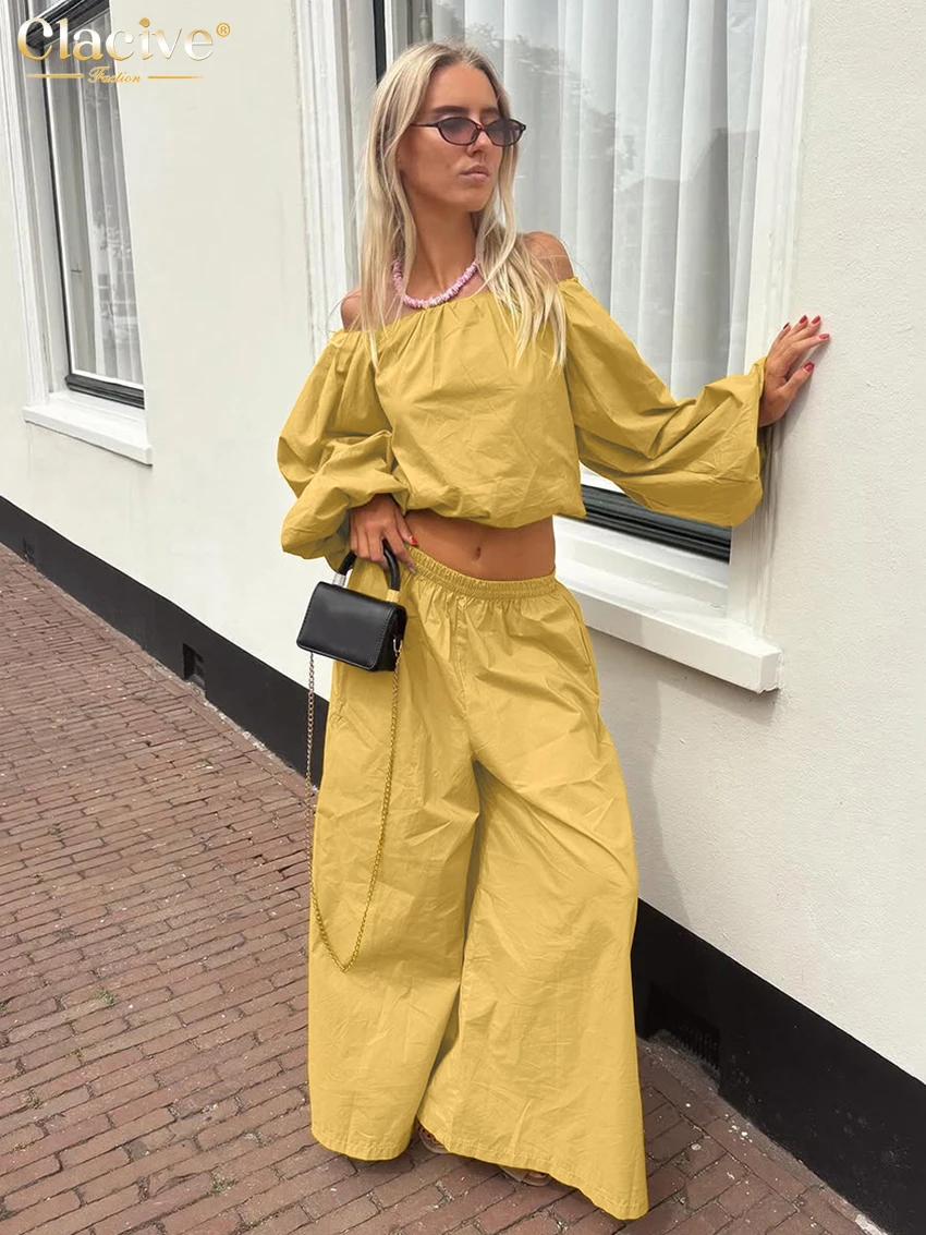 

Clacive Fashion Loose Yellow Cotton Women's Two Pieces Set 2026 Sexy Long Sleeve Crop Top With High Waist Wide Pants Set Female