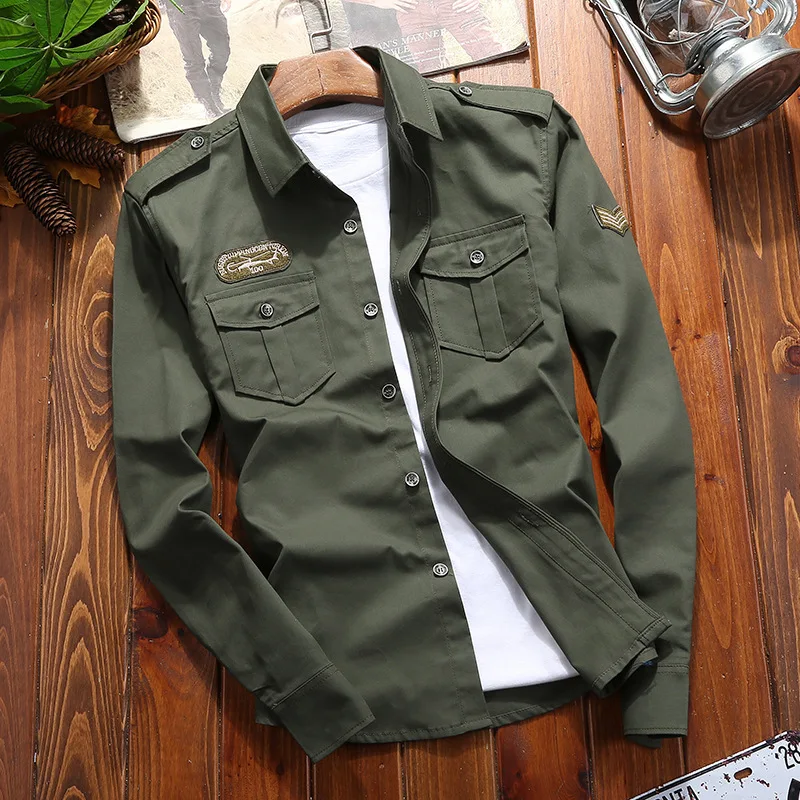 Men\'s Shirts Chemise Casual Shirt Military Man Cotton Khaki Retro Slim Fit Long Sleeve Vintage Jacket Streetwear Drop Shipping