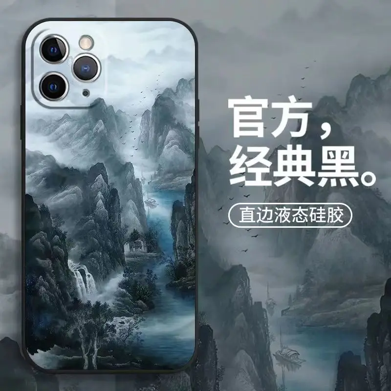 for Landscape Painting Iphone 14 Phone Case Iphone 13/12/11 Ink Painting Pro National Style X/xs/xr Silicone Max