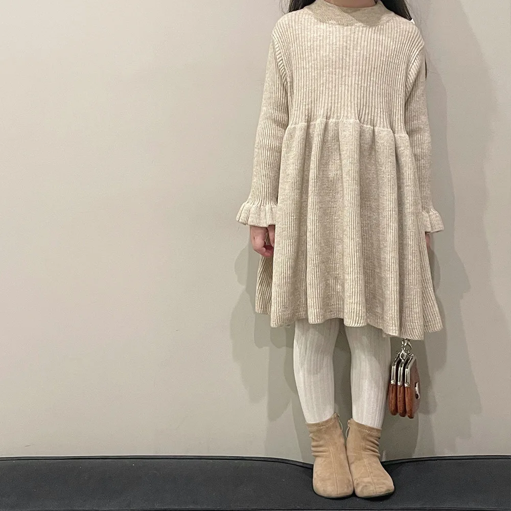 Children Girl Sweet Sweater Dress Toddler Baby Simple Fashion Full Sleeves Dresses Solid Inside Knitted Princess Dresses