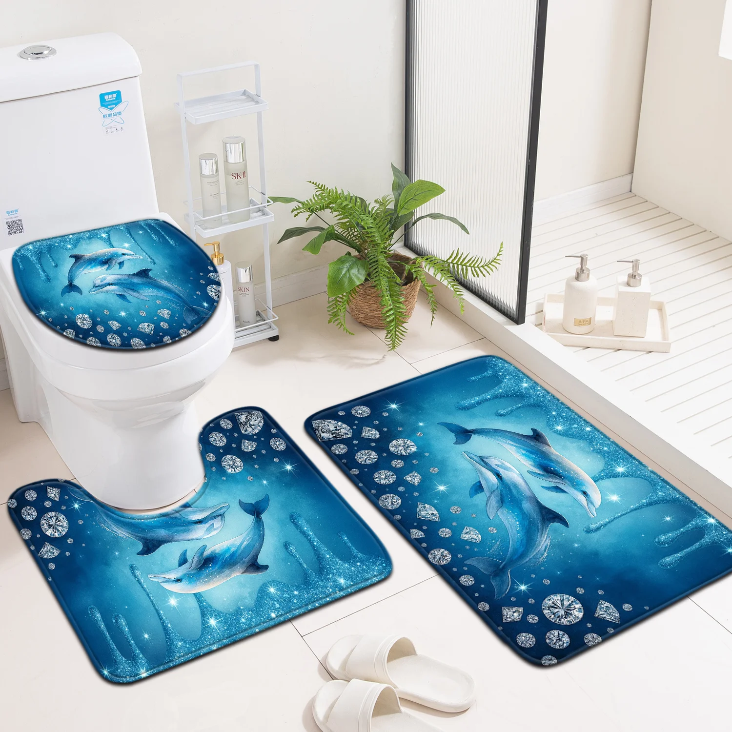 

Набор из 3 предметов для ванной комнаты: коврик для пола, декоративный коврик для входной двери, коврик для унитаза, набор аксессуаров для туалета, Blue Flow Diamo
