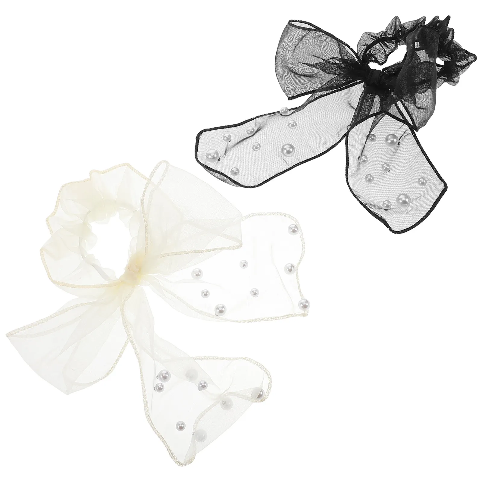 

2Pcs Hair Scrunchies Beaded Mesh Bow High Elastic Oversized Ties for Women Cute Fashionable Hair Accessories for Ponytail Bun