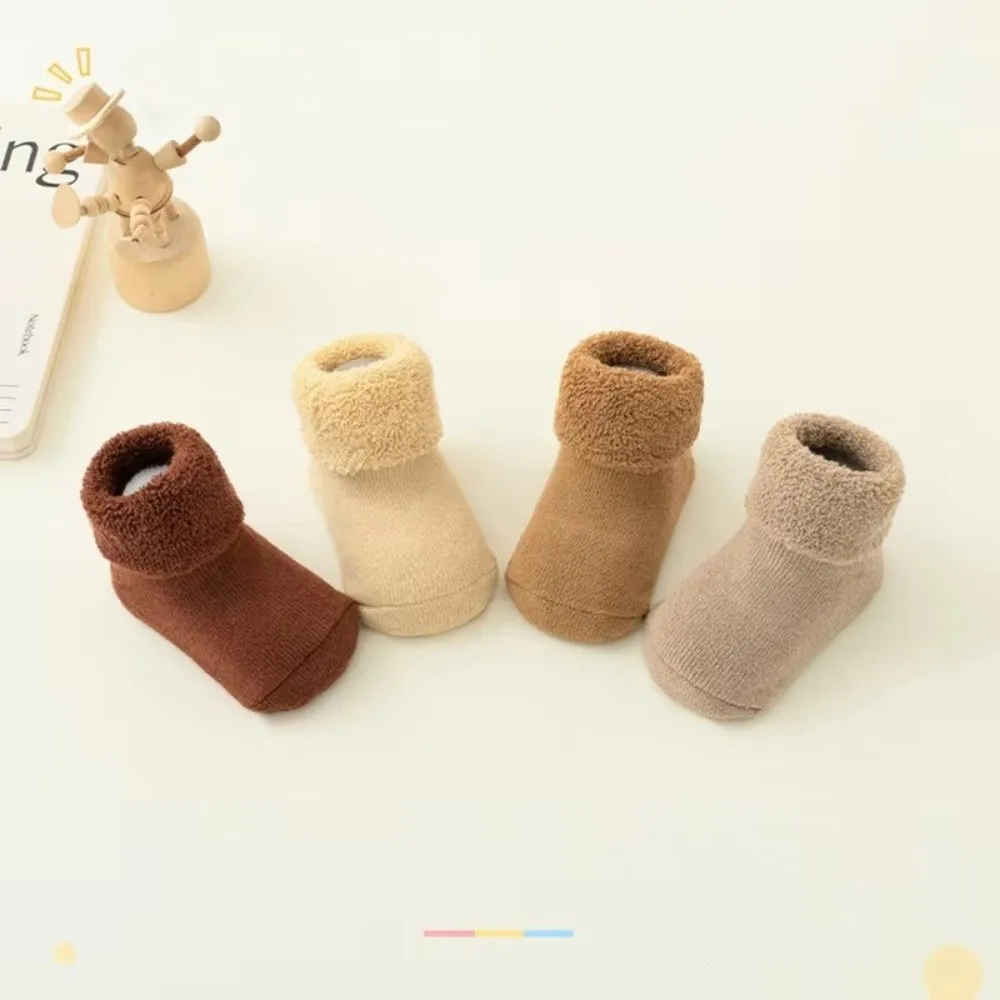 Fashion 0-3Year Kids Woolen Socks Winter Thick Warm Looped Toddler Baby Socks Solid Color Velvet Lining Snow Floor Socks
